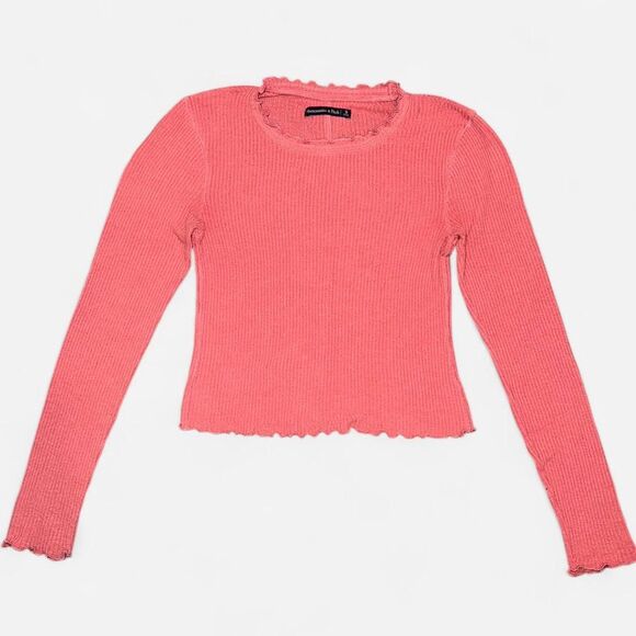 Abercrombie & Fitch Pink Lettuce Ruffle Hem Long Sleeve Shirt SIZE SMALL - Picture 2 of 6